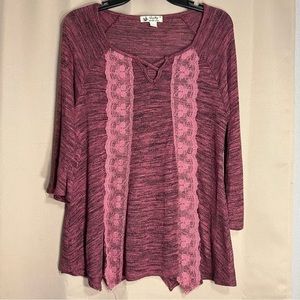 Unity WorldWear Medium Maroon Heather Color Handkerchief Hem Sweater Lace Design